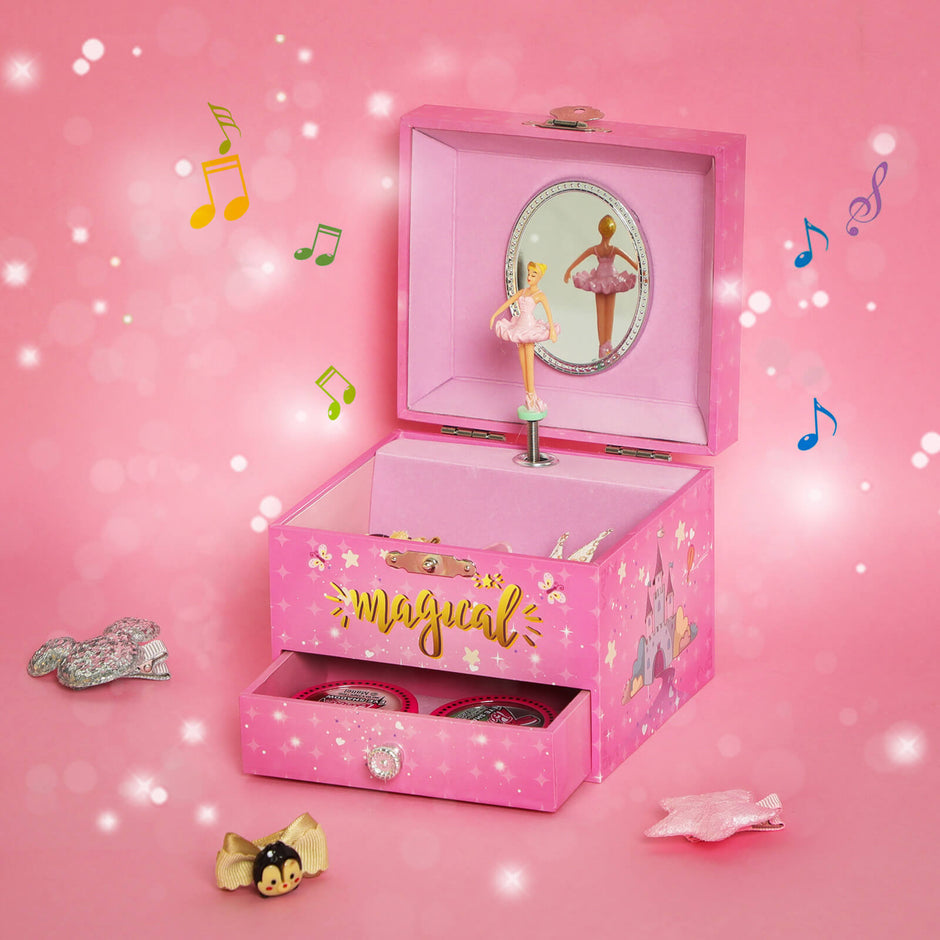 Musical Jewellery Box – Wood – Pink – Unicorn Theme with Pullout Drawer