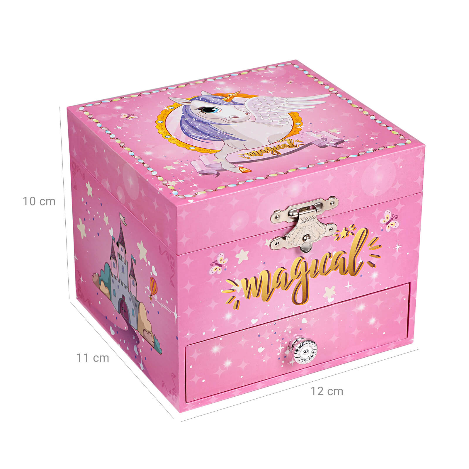 Musical Jewellery Box – Wood – Pink – Unicorn Theme with Pullout Drawer