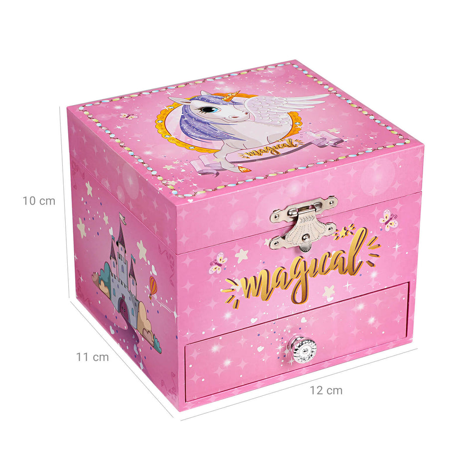 Musical Jewellery Box – Wood – Pink – Unicorn Theme with Pullout Drawer