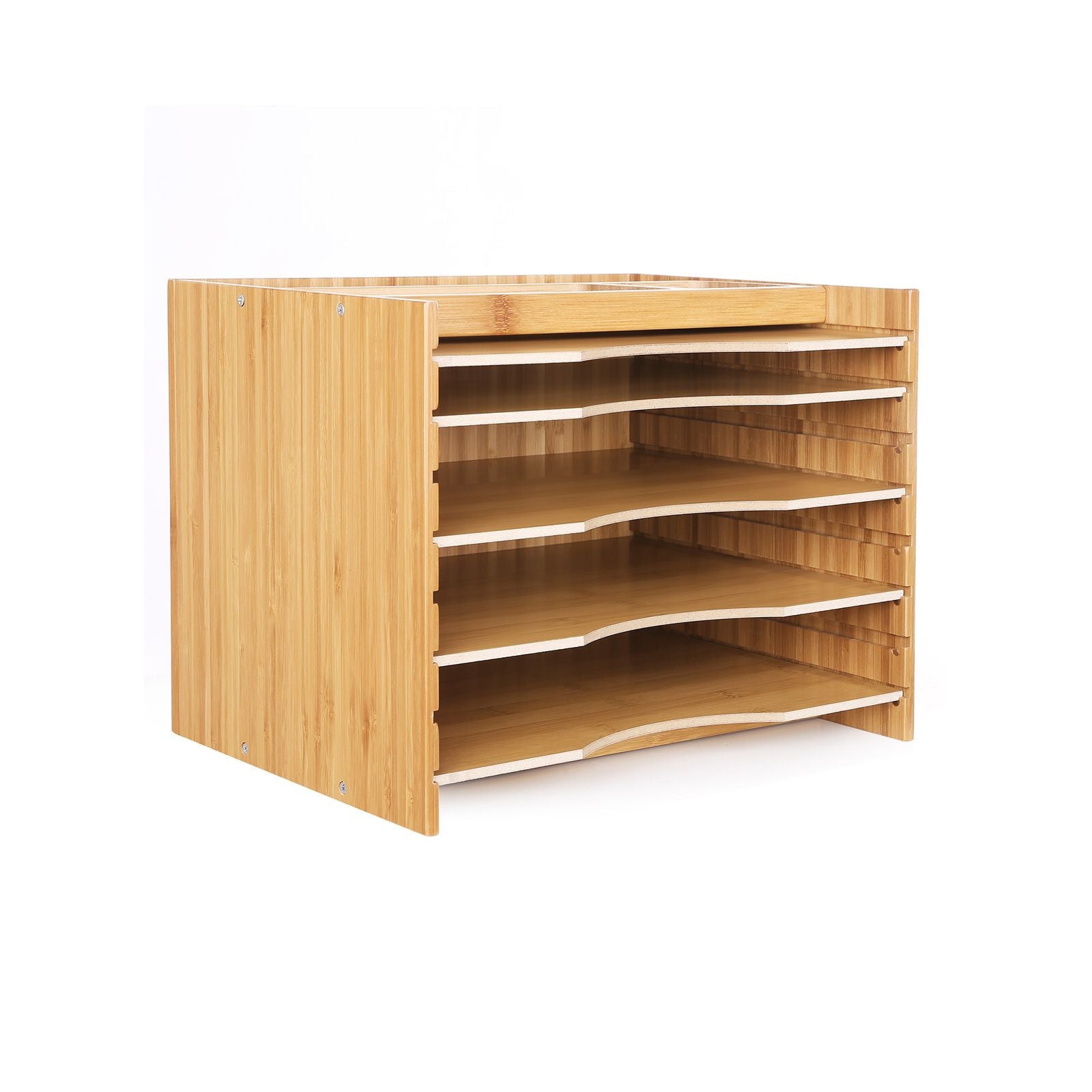 File Organizer – Bamboo – Natural Grain – 5 Adjustable Shelves with Top Storage Compartments