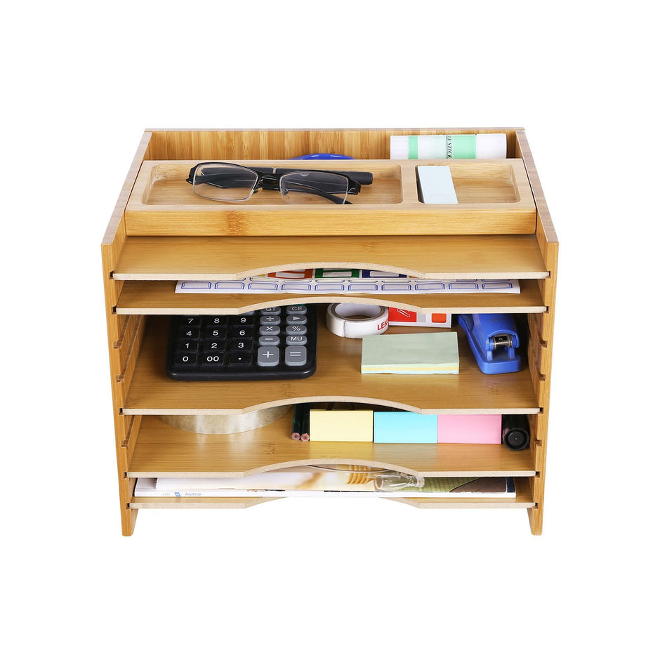 File Organizer – Bamboo – Natural Grain – 5 Adjustable Shelves with Top Storage Compartments