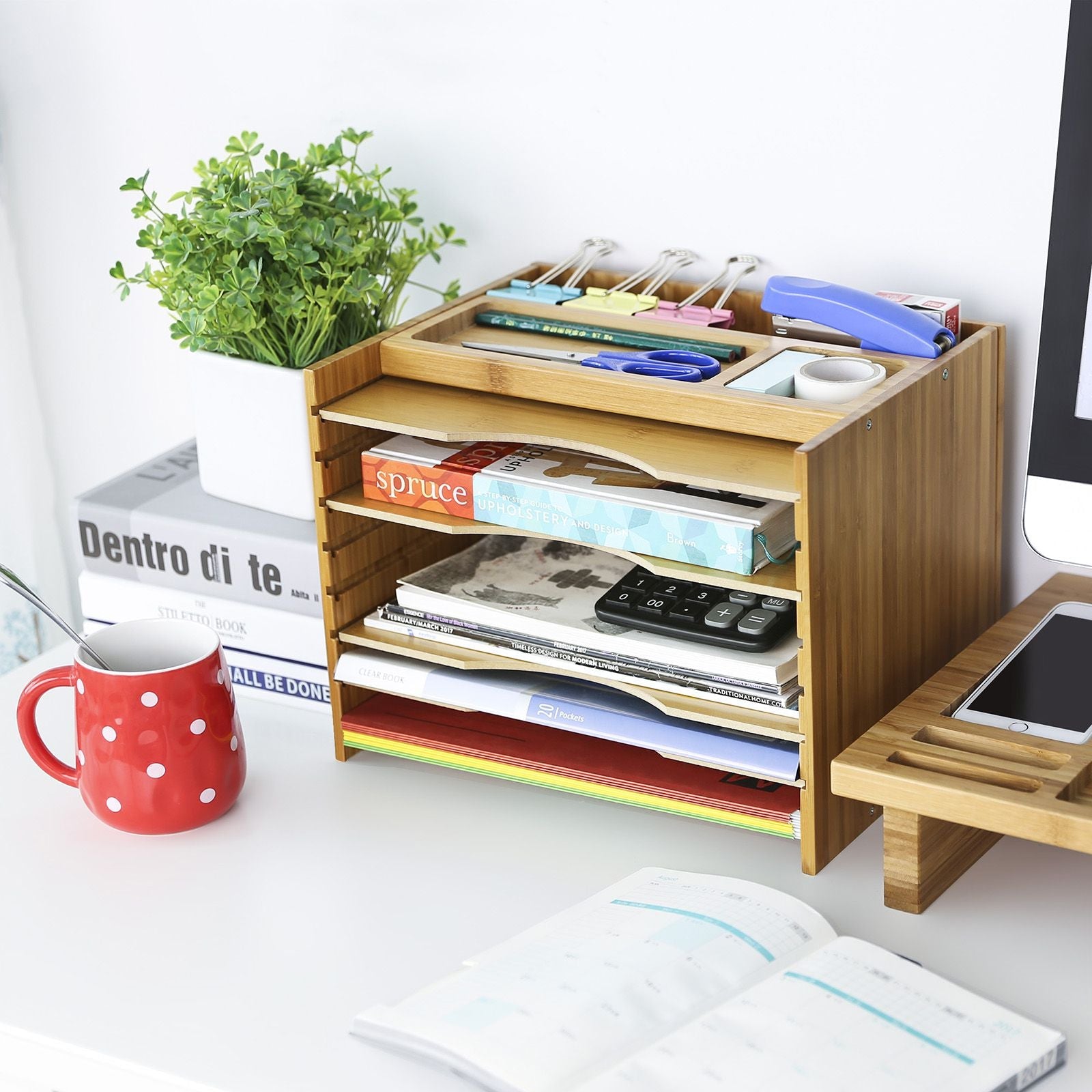 File Organizer – Bamboo – Natural Grain – 5 Adjustable Shelves with Top Storage Compartments