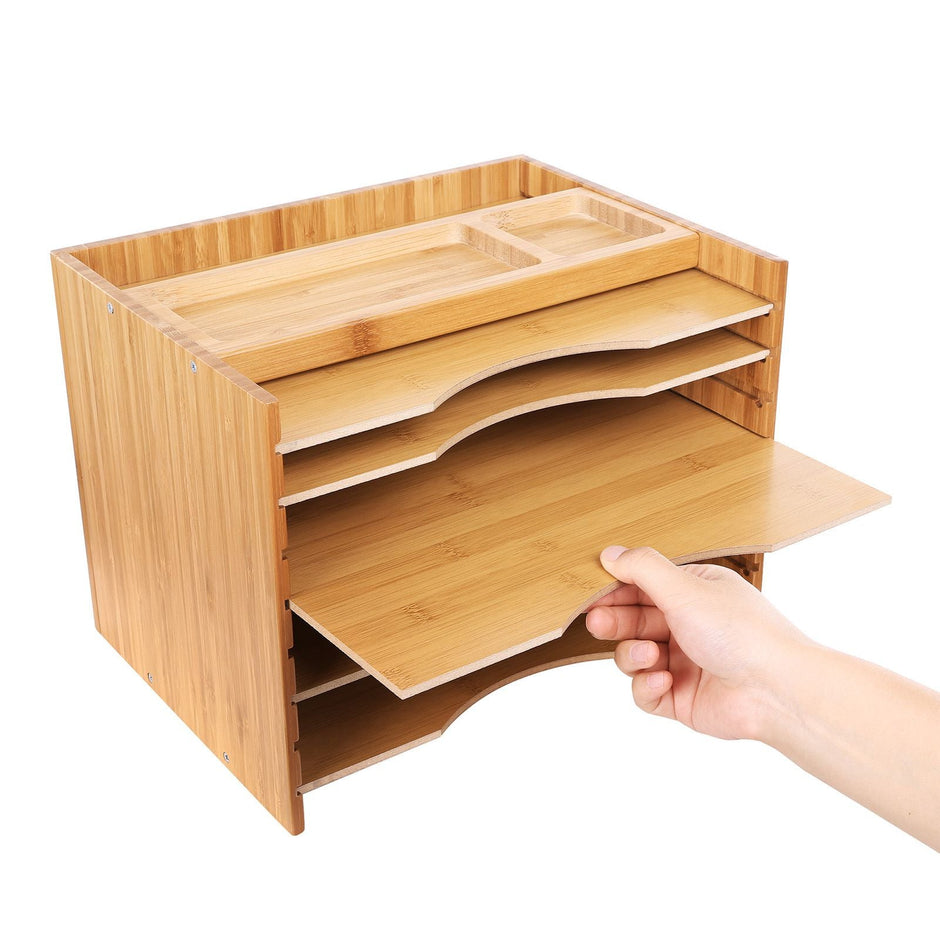 File Organizer – Bamboo – Natural Grain – 5 Adjustable Shelves with Top Storage Compartments
