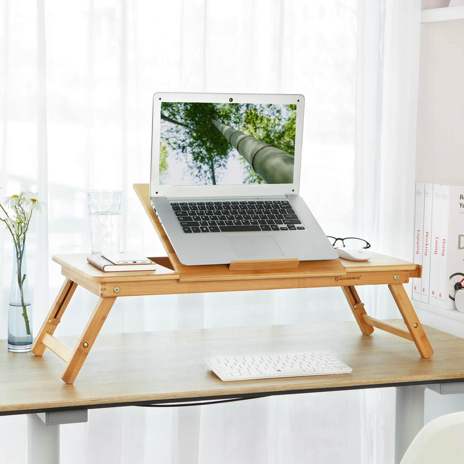 Foldable Laptop Desk – Bamboo – Natural Finish – Height Adjustable with Tilting Angles and Drawer