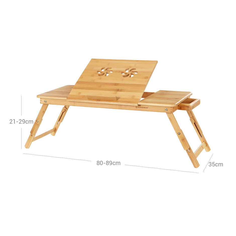 Foldable Laptop Desk – Bamboo – Natural Finish – Height Adjustable with Tilting Angles and Drawer