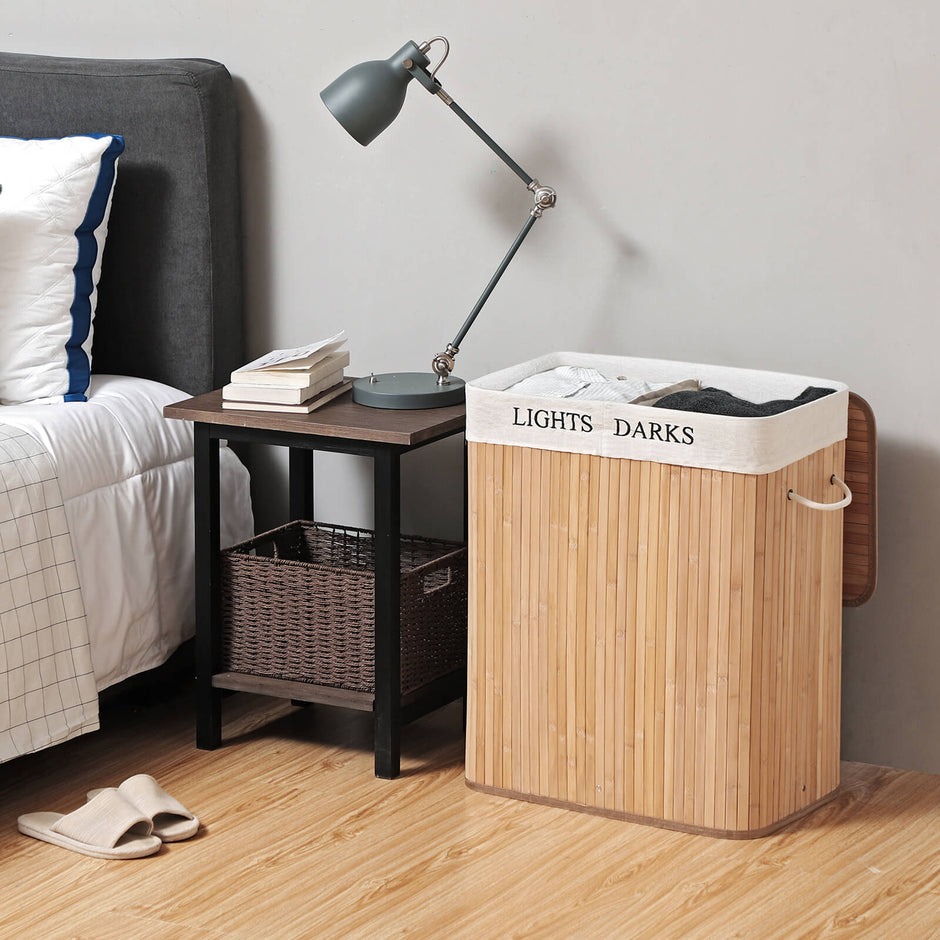 Bamboo Laundry Basket – Bamboo – Natural – 100 L Capacity with 2 Sections and Removable Washable Lining
