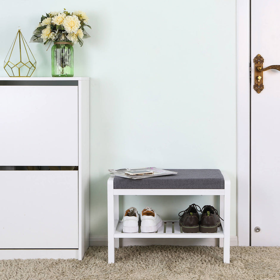 Shoe Bench – Bamboo – White – With Cushion and Storage