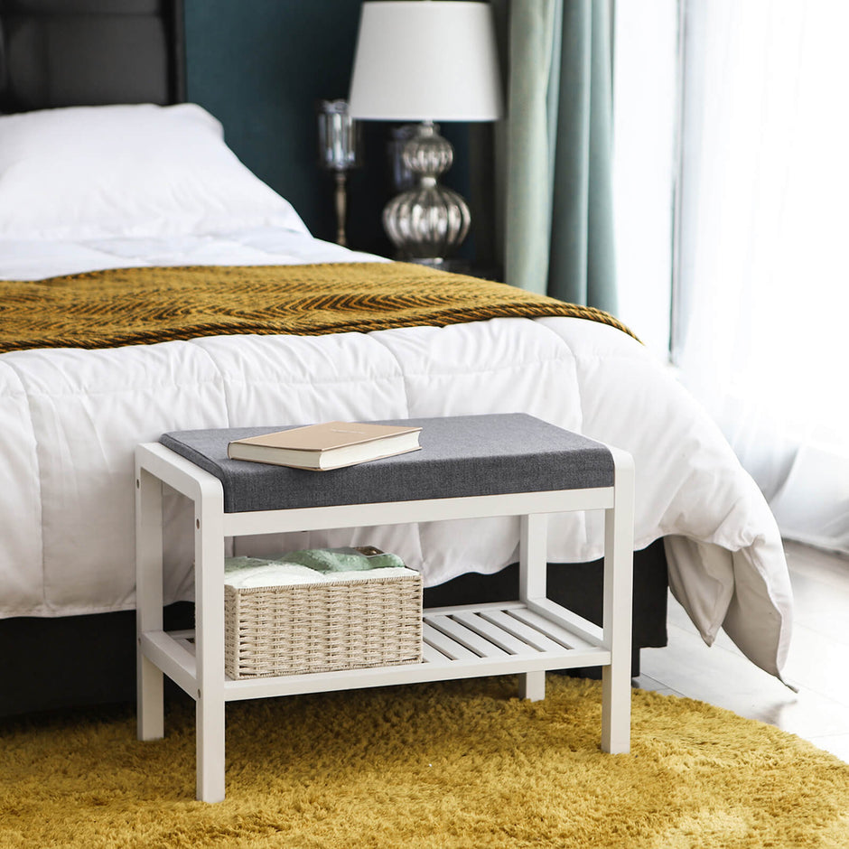 Shoe Bench – Bamboo – White – With Cushion and Storage