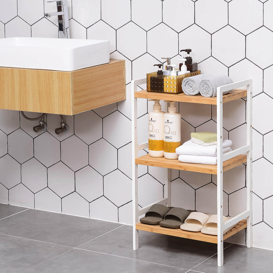3-Tier Storage Rack – Bamboo – Natural Grain and White – Versatile for Bathroom, Kitchen, and Bedroom