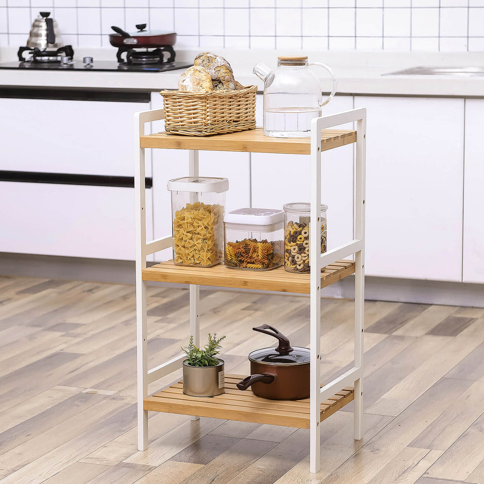 3-Tier Storage Rack – Bamboo – Natural Grain and White – Versatile for Bathroom, Kitchen, and Bedroom