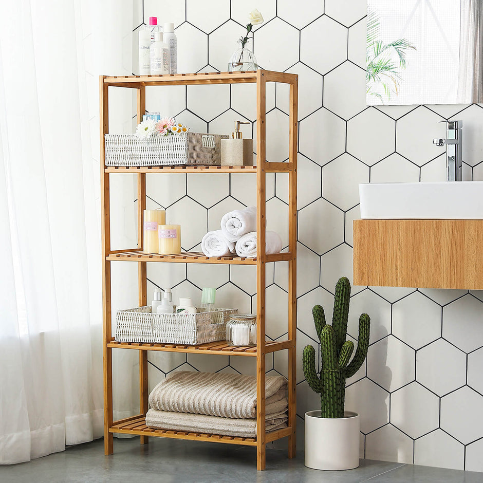 Bamboo Storage Shelf – 5-Tier – Natural – Multi-Purpose for Hallway, Bathroom, Kitchen, Living Room