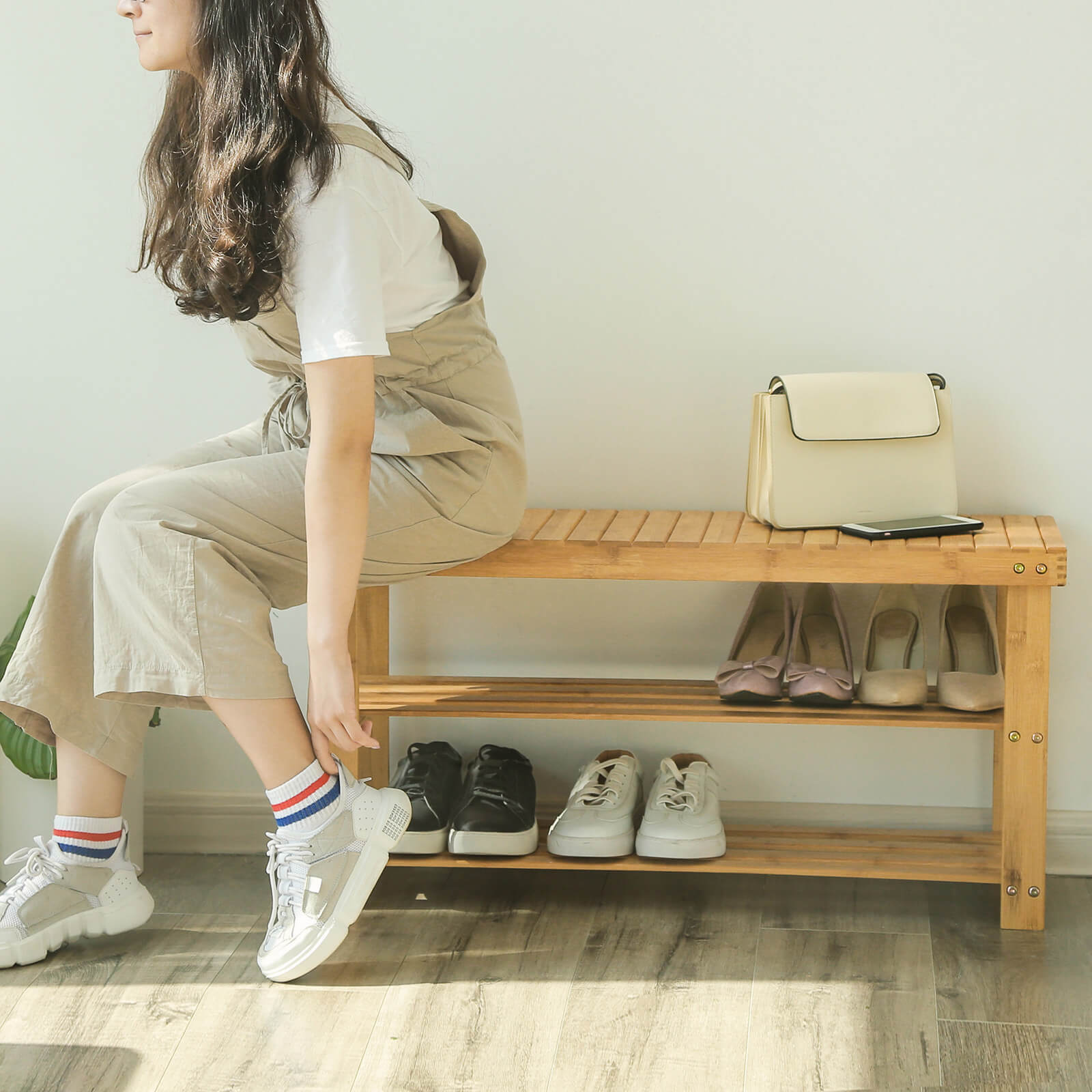 Bamboo Shoe Bench – Natural Bamboo – Neutral – 3-Tier Shoe Rack Organizer