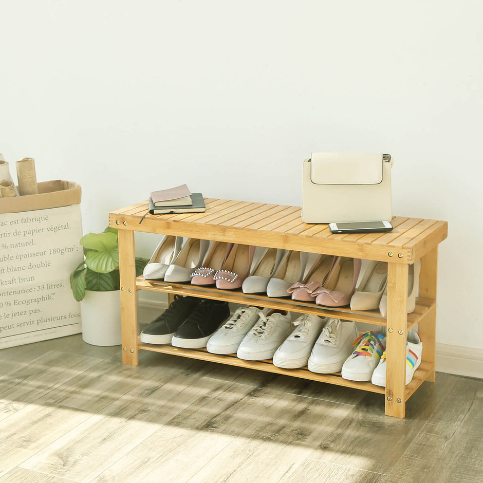 Bamboo Shoe Bench – Natural Bamboo – Neutral – 3-Tier Shoe Rack Organizer