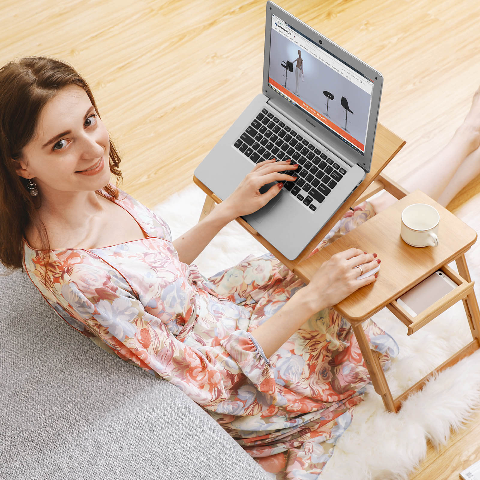 Tiltable Laptop Desk – Bamboo – Natural – Adjustable with Cooling Holes and Drawer
