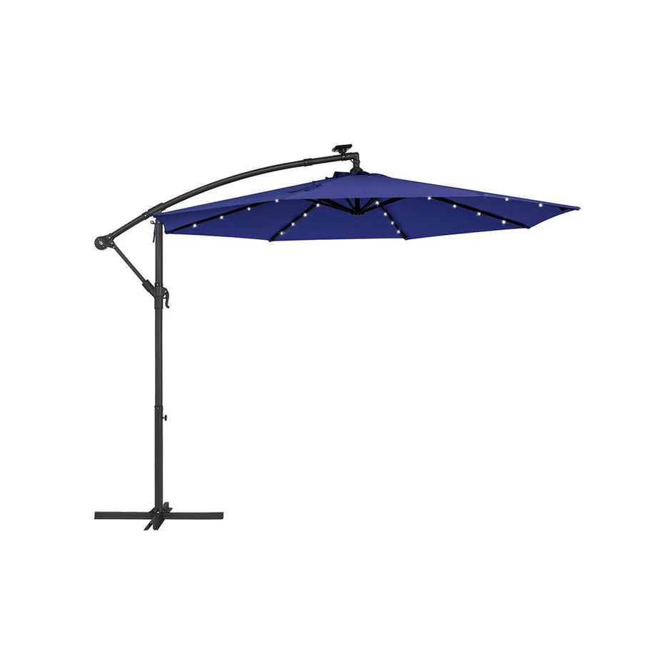 Cantilever Patio Umbrella – Fabric – Red – Solar-Powered LED Lights, UPF 50+ Protection, Crank System