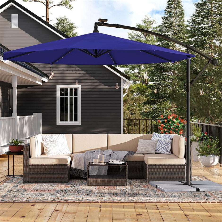 Cantilever Patio Umbrella – Fabric – Red – Solar-Powered LED Lights, UPF 50+ Protection, Crank System