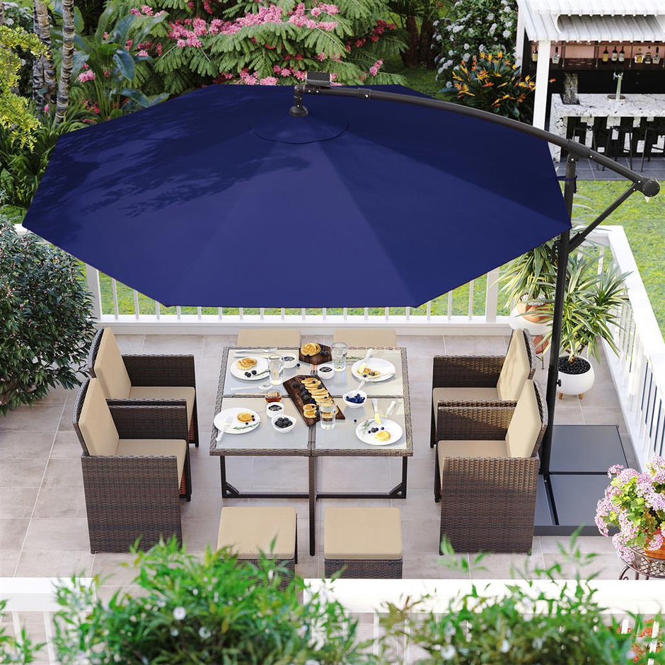 Cantilever Patio Umbrella – Fabric – Red – Solar-Powered LED Lights, UPF 50+ Protection, Crank System