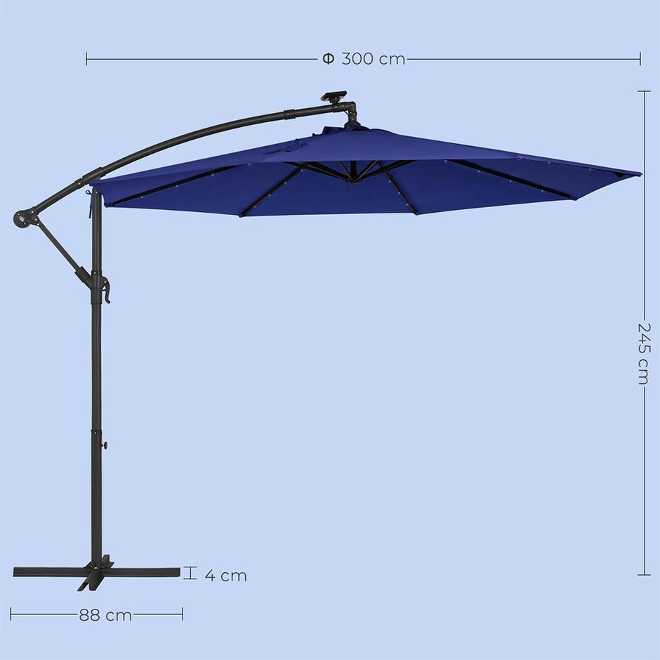 Cantilever Patio Umbrella – Fabric – Red – Solar-Powered LED Lights, UPF 50+ Protection, Crank System