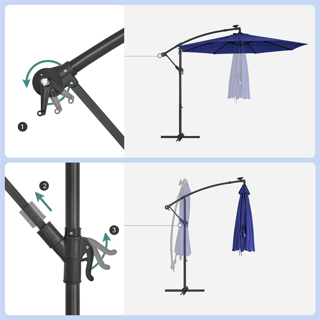 Cantilever Patio Umbrella – Fabric – Red – Solar-Powered LED Lights, UPF 50+ Protection, Crank System