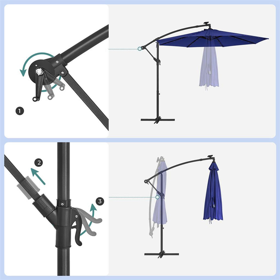 Cantilever Patio Umbrella – Fabric – Red – Solar-Powered LED Lights, UPF 50+ Protection, Crank System
