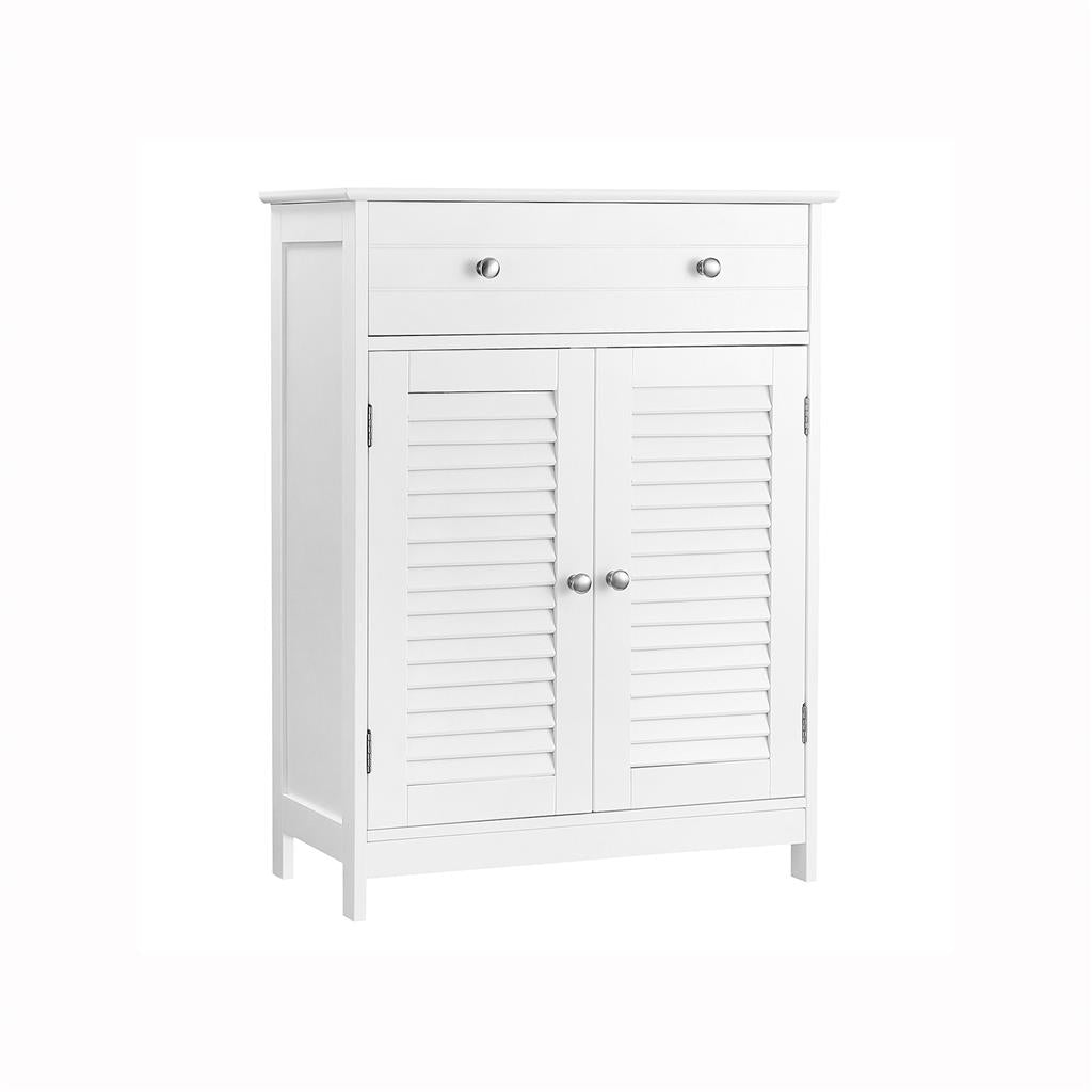 Bathroom Floor Cabinet – Engineered Wood – Matte White – 2 Louvred Doors, Adjustable Shelf, Drawer, Scandinavian Style