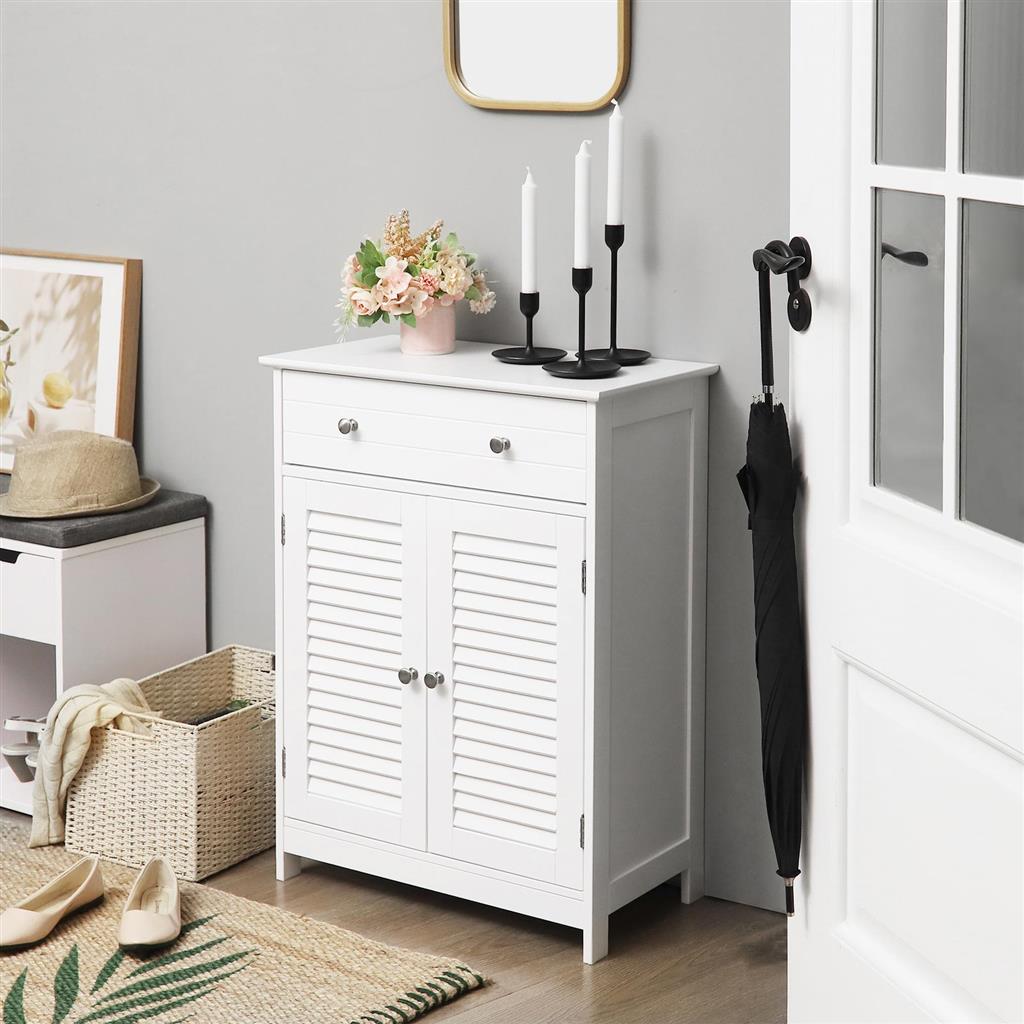 Bathroom Floor Cabinet – Engineered Wood – Matte White – 2 Louvred Doors, Adjustable Shelf, Drawer, Scandinavian Style