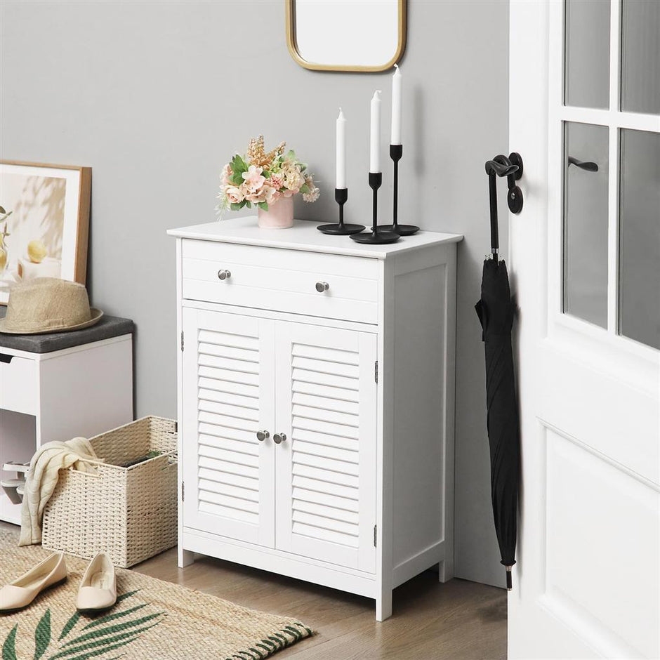 Bathroom Floor Cabinet – Engineered Wood – Matte White – 2 Louvred Doors, Adjustable Shelf, Drawer, Scandinavian Style