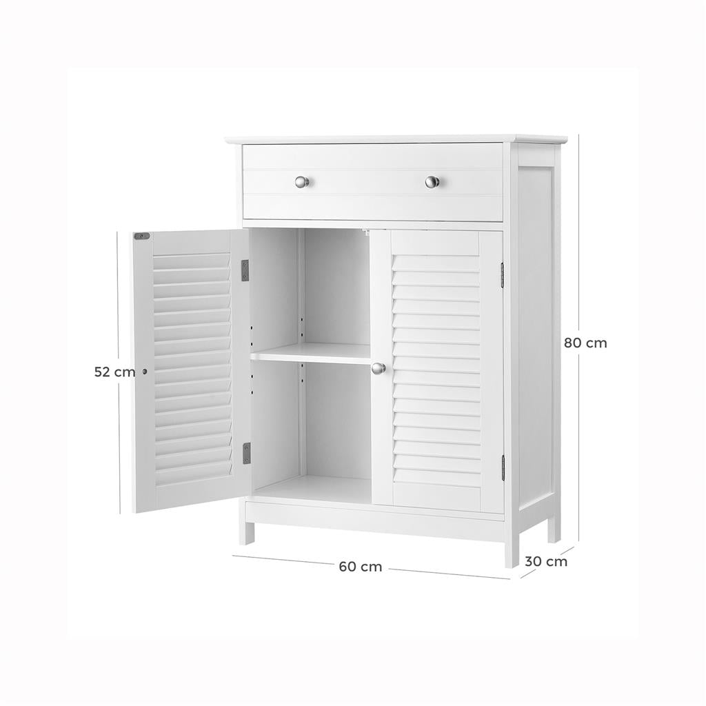Bathroom Floor Cabinet – Engineered Wood – Matte White – 2 Louvred Doors, Adjustable Shelf, Drawer, Scandinavian Style