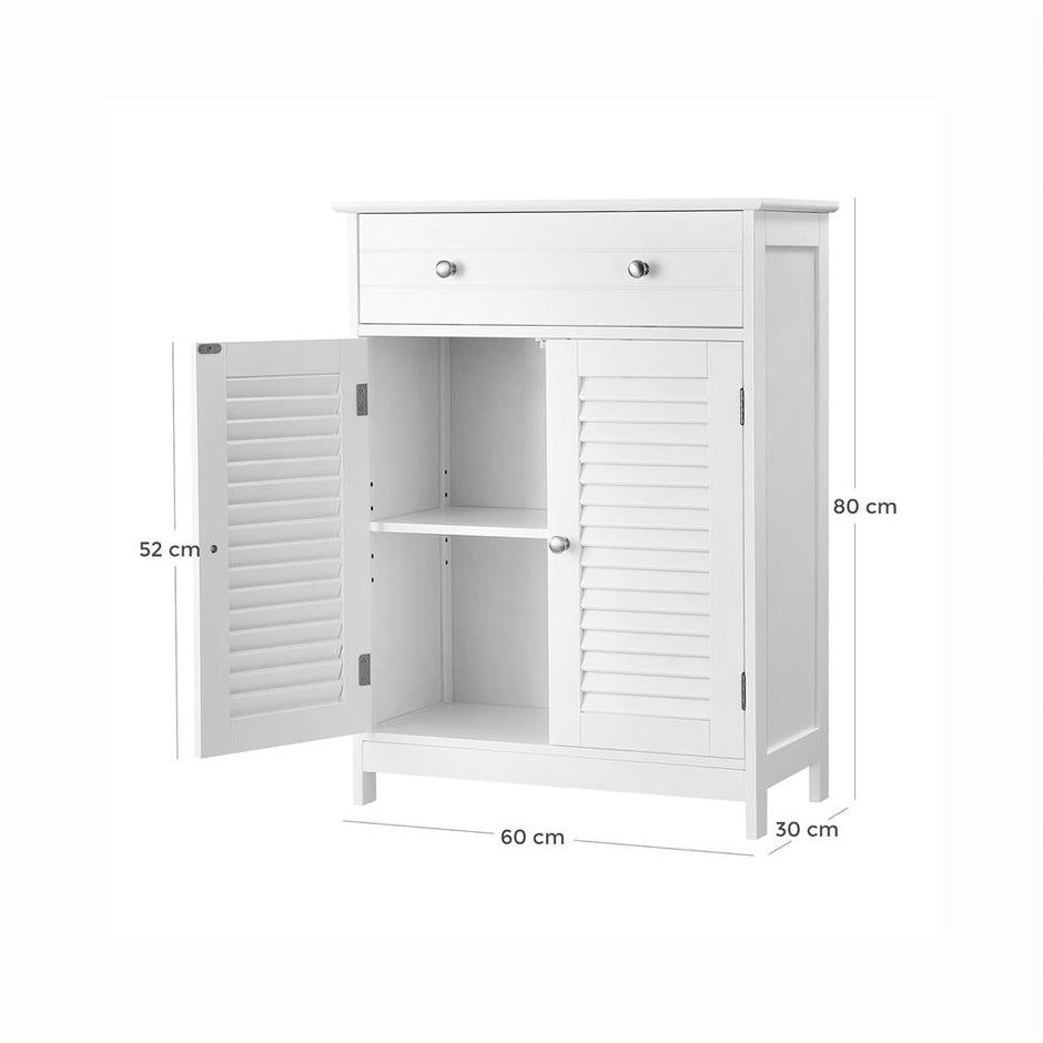 Bathroom Floor Cabinet – Engineered Wood – Matte White – 2 Louvred Doors, Adjustable Shelf, Drawer, Scandinavian Style