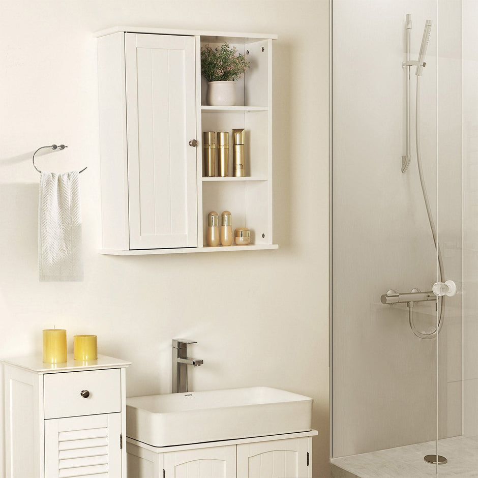Bathroom Wall Storage Cabinet – Engineered Wood – White – Wall Mounted with Adjustable Compartments