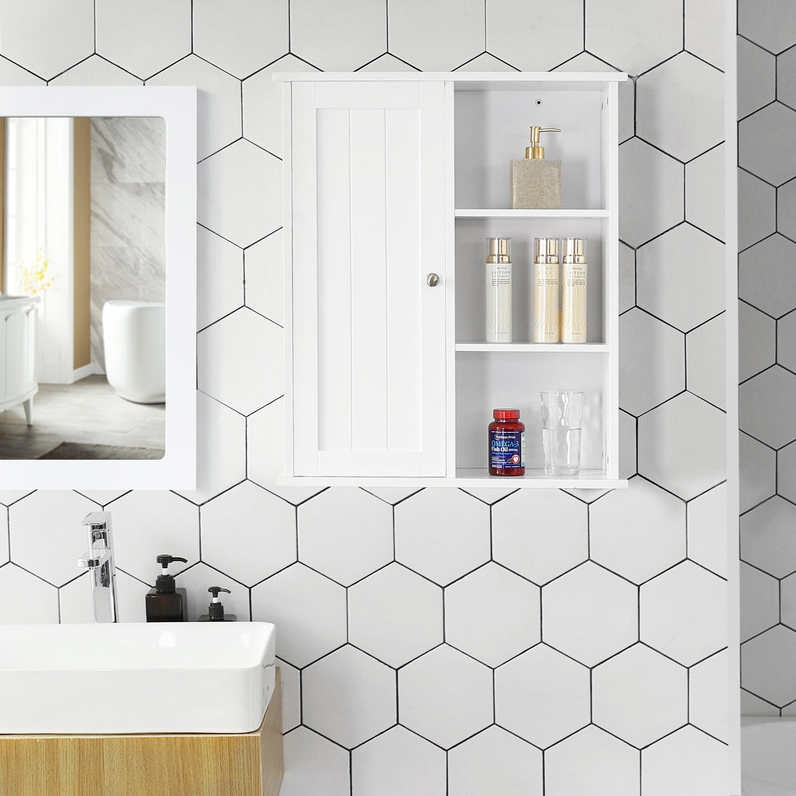 Bathroom Wall Storage Cabinet – Engineered Wood – White – Wall Mounted with Adjustable Compartments