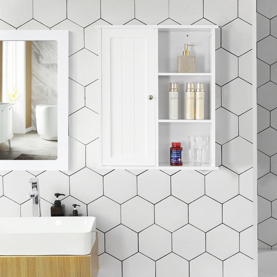 Bathroom Wall Storage Cabinet – Engineered Wood – White – Wall Mounted with Adjustable Compartments