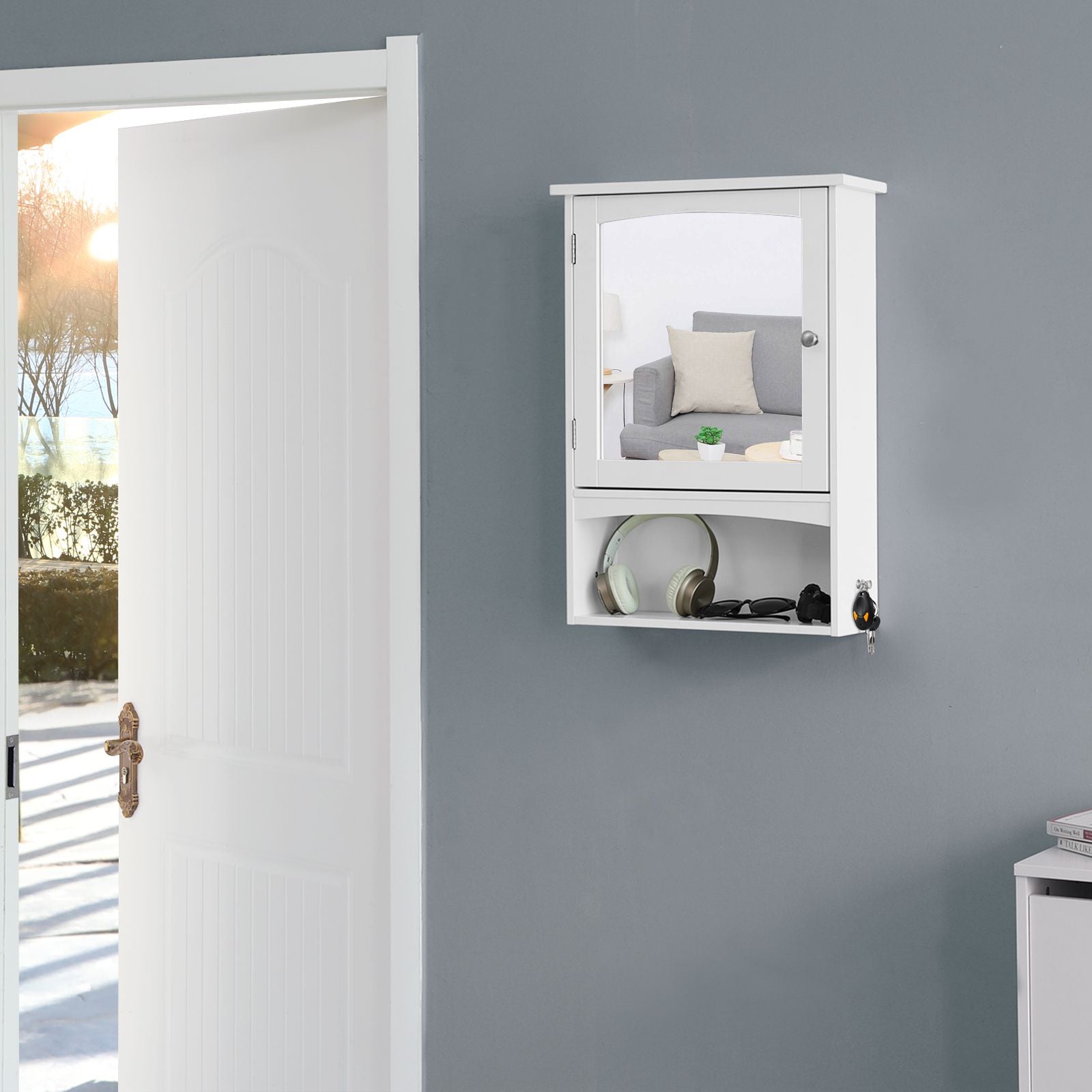 Wall Storage Cabinet – Wood – White – With Open Compartment and Adjustable Shelf