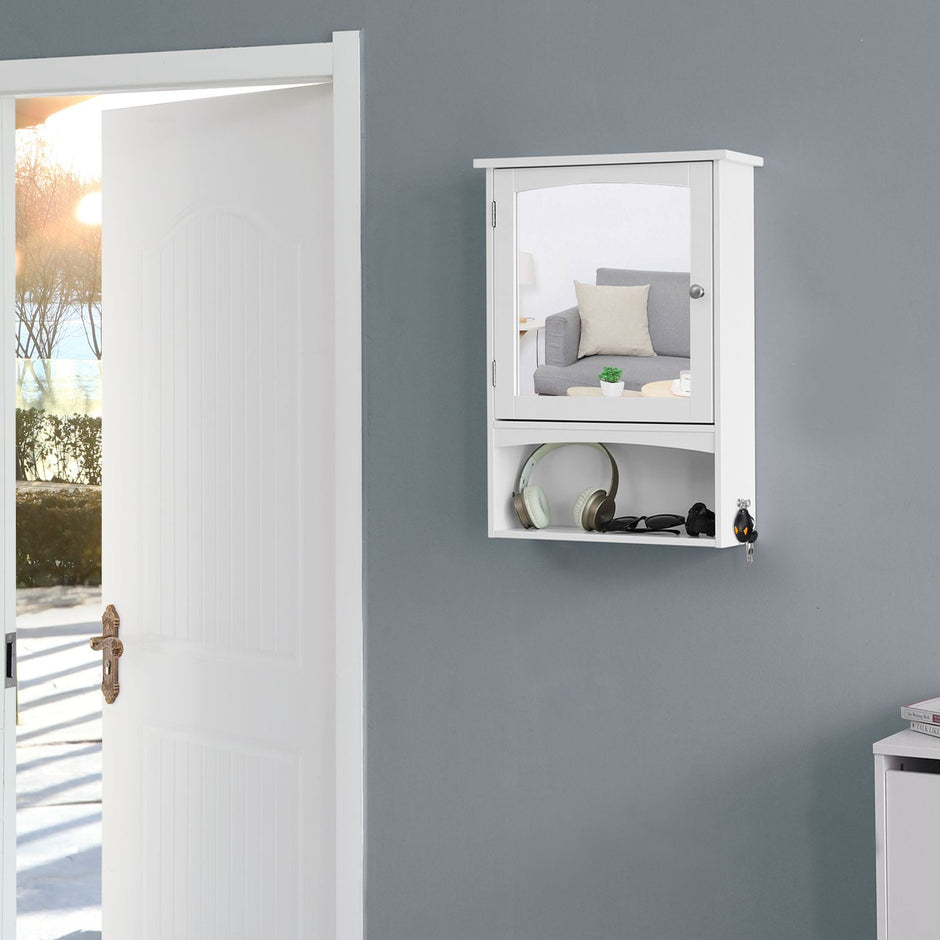 Wall Storage Cabinet – Wood – White – With Open Compartment and Adjustable Shelf