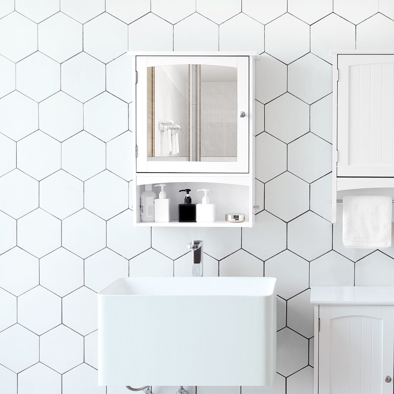 Wall Storage Cabinet – Wood – White – With Open Compartment and Adjustable Shelf