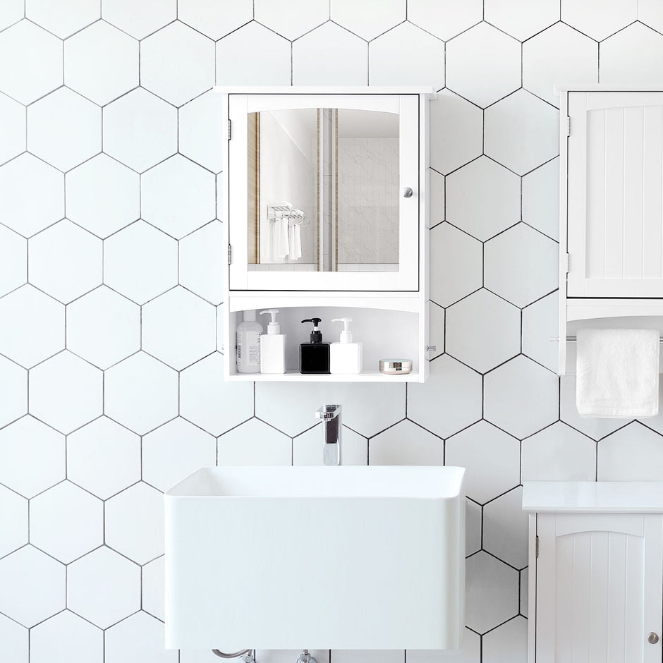 Wall Storage Cabinet – Wood – White – With Open Compartment and Adjustable Shelf