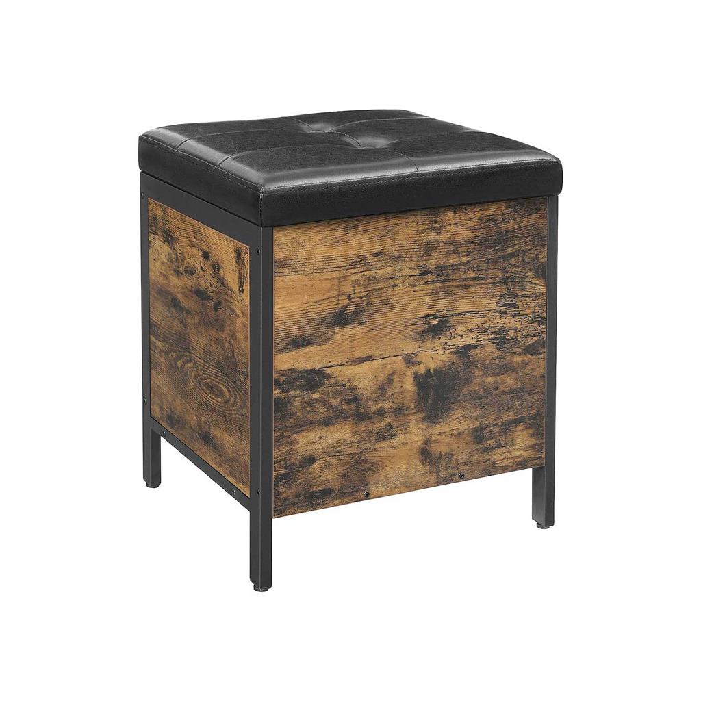 Bedroom Bench – Synthetic Leather – Rustic Brown and Black – Upholstered Seat with Storage