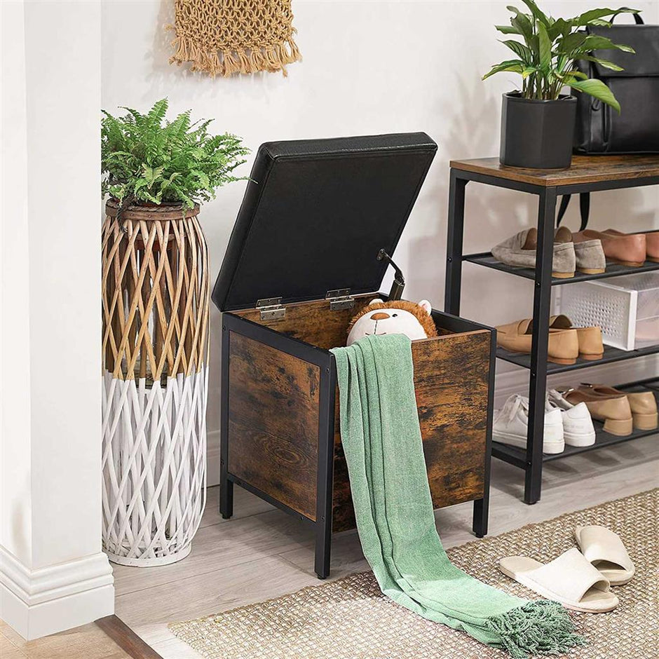 Bedroom Bench – Synthetic Leather – Rustic Brown and Black – Upholstered Seat with Storage