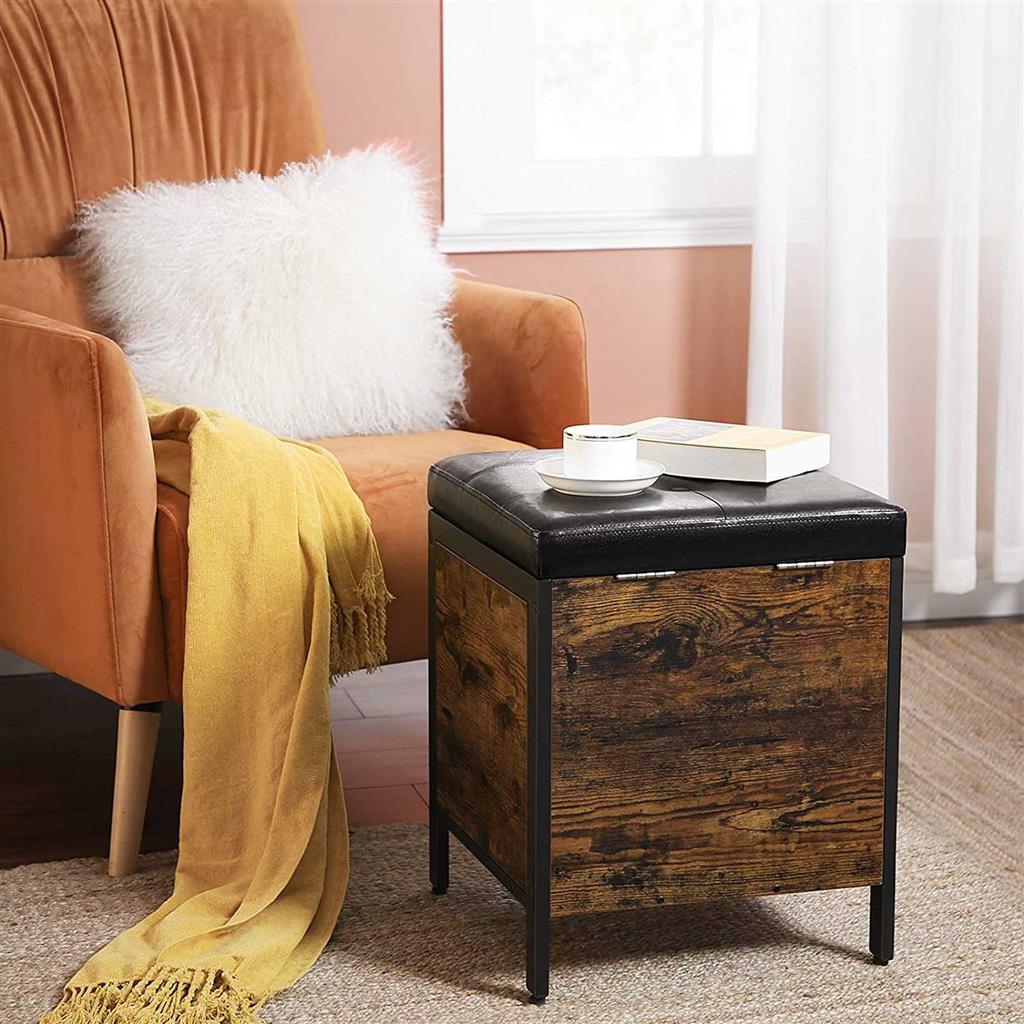 Bedroom Bench – Synthetic Leather – Rustic Brown and Black – Upholstered Seat with Storage