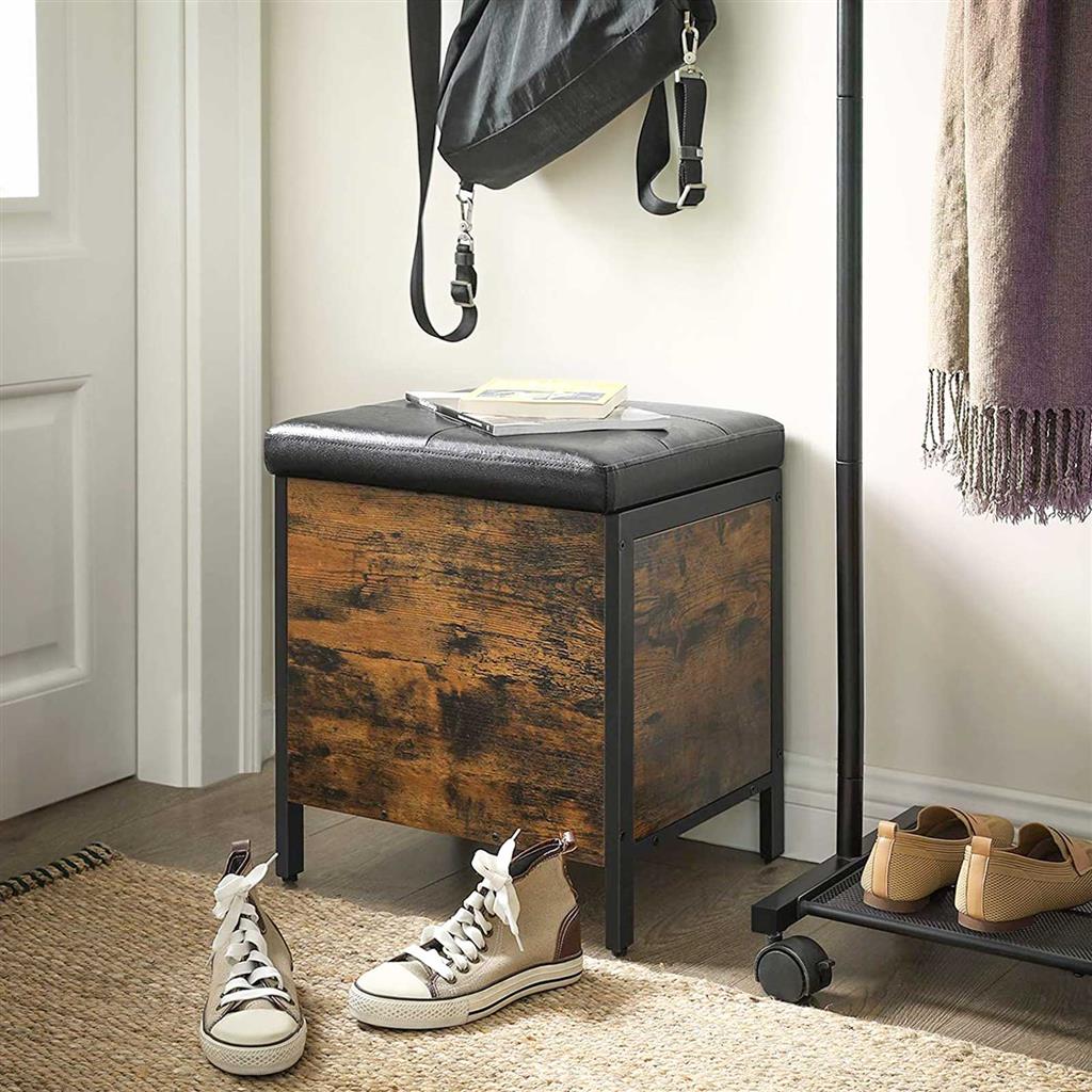 Bedroom Bench – Synthetic Leather – Rustic Brown and Black – Upholstered Seat with Storage