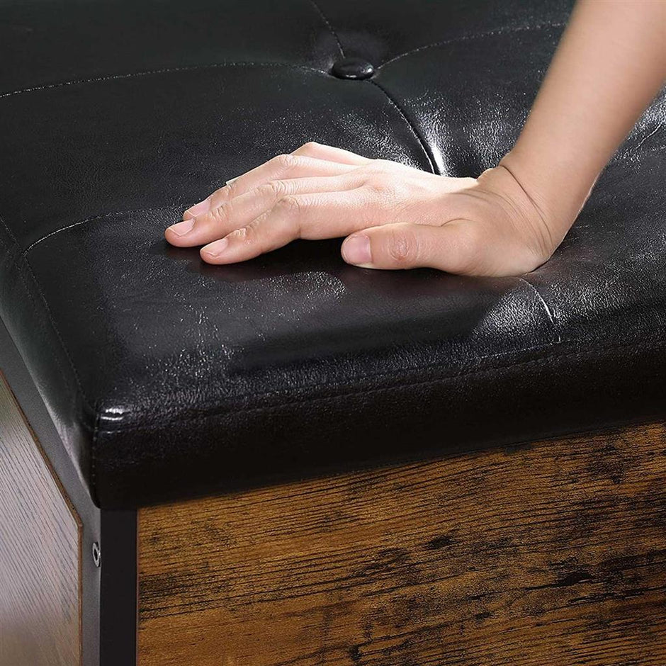 Bedroom Bench – Synthetic Leather – Rustic Brown and Black – Upholstered Seat with Storage