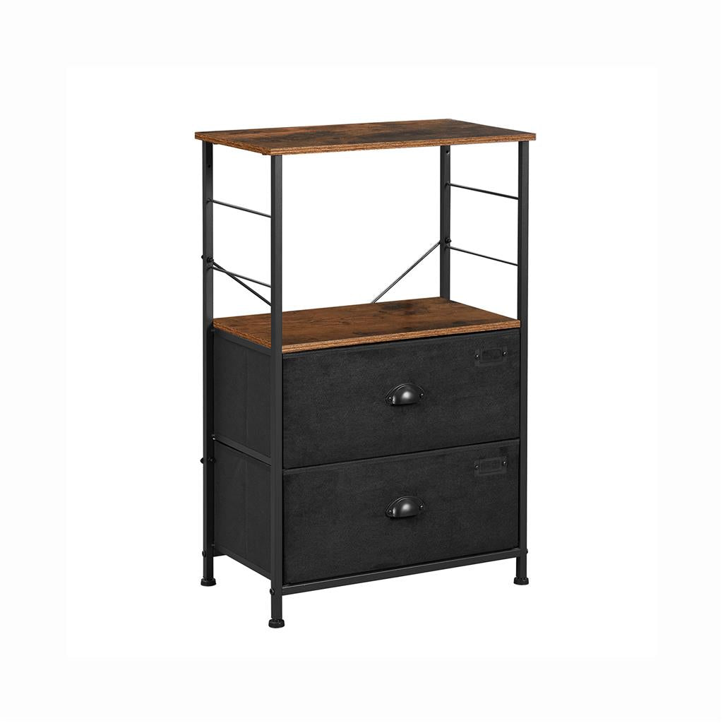 Bedside Table – Wood and Metal – Rustic Brown and Black – Vertical Storage with Fabric Drawers