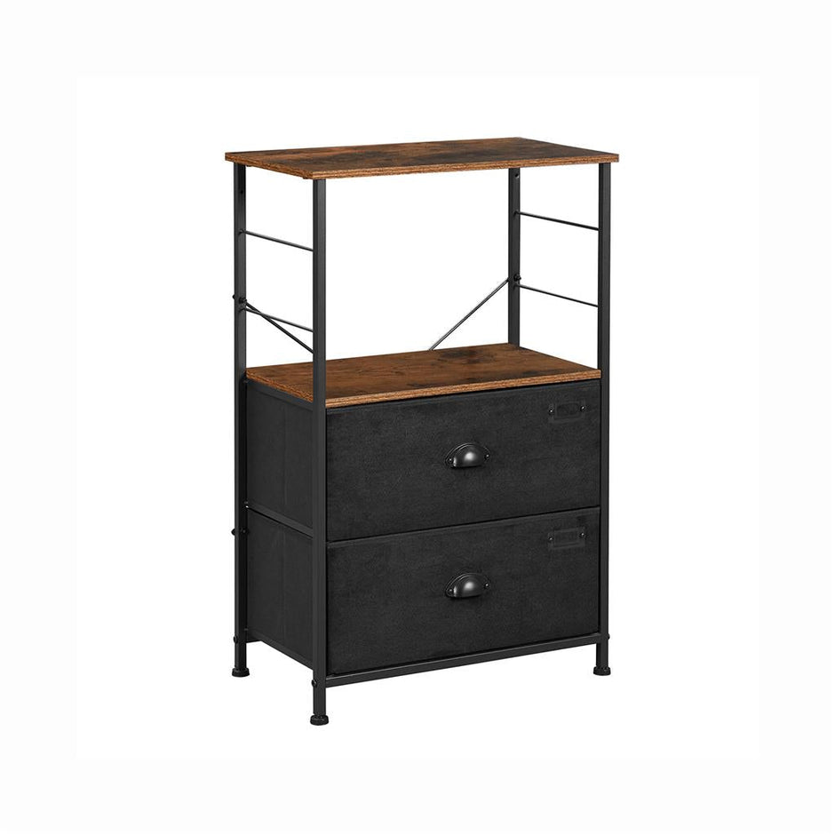 Bedside Table – Wood and Metal – Rustic Brown and Black – Vertical Storage with Fabric Drawers