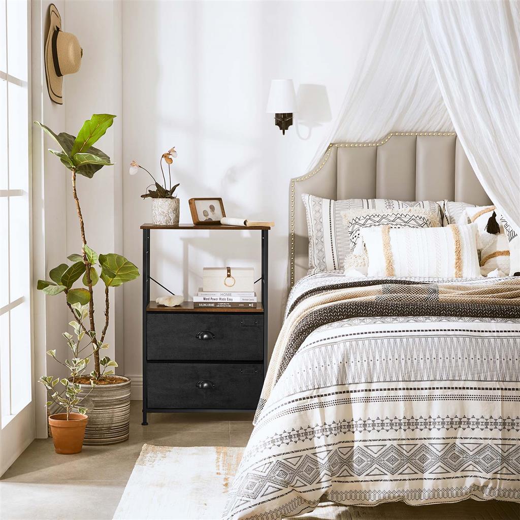 Bedside Table – Wood and Metal – Rustic Brown and Black – Vertical Storage with Fabric Drawers