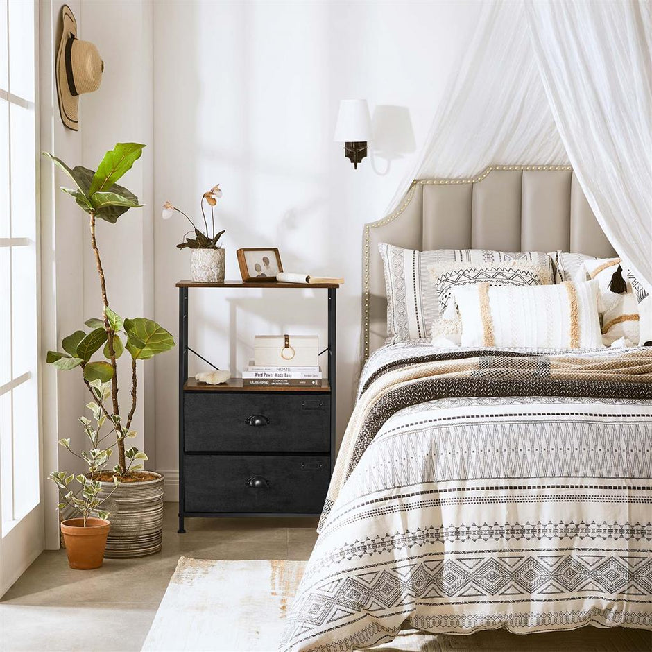 Bedside Table – Wood and Metal – Rustic Brown and Black – Vertical Storage with Fabric Drawers