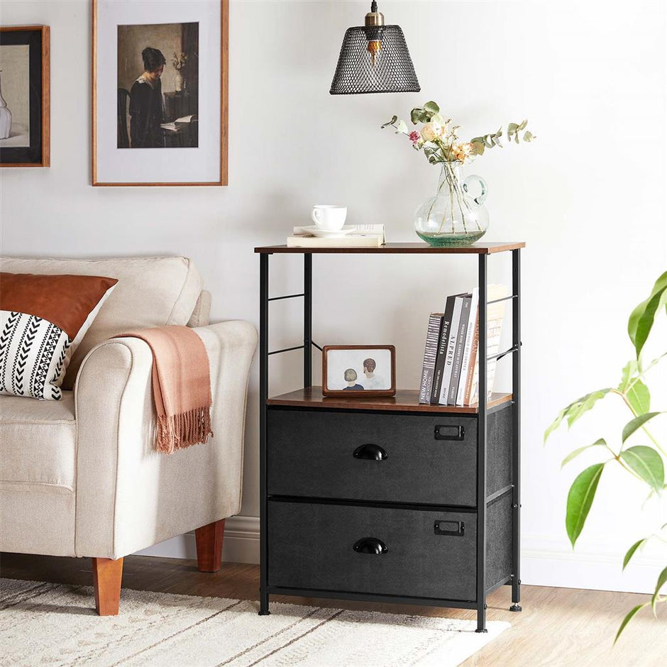 Bedside Table – Wood and Metal – Rustic Brown and Black – Vertical Storage with Fabric Drawers