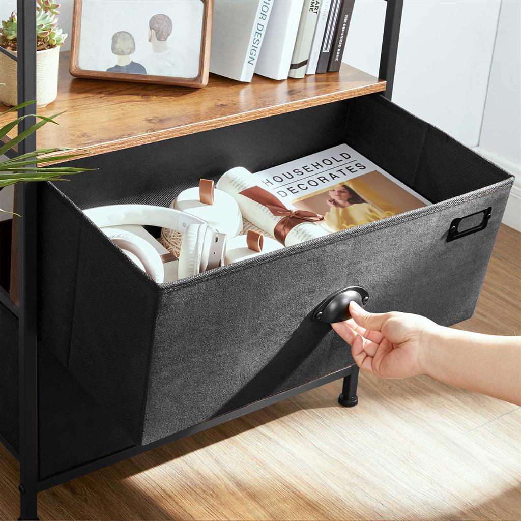 Bedside Table – Wood and Metal – Rustic Brown and Black – Vertical Storage with Fabric Drawers