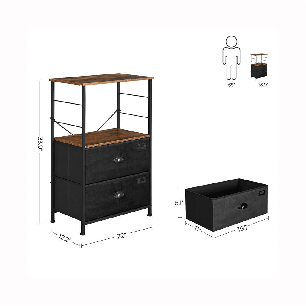 Bedside Table – Wood and Metal – Rustic Brown and Black – Vertical Storage with Fabric Drawers