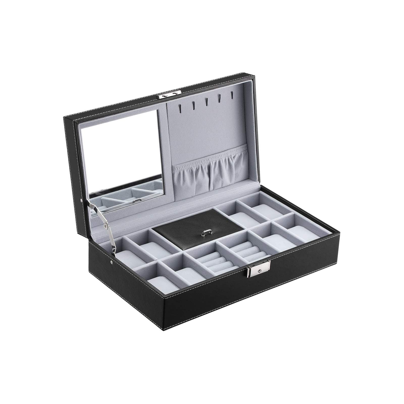 Watch Storage Box – Wood – Black – Lockable with Mirror and Cufflink Compartment for 8 Watches
