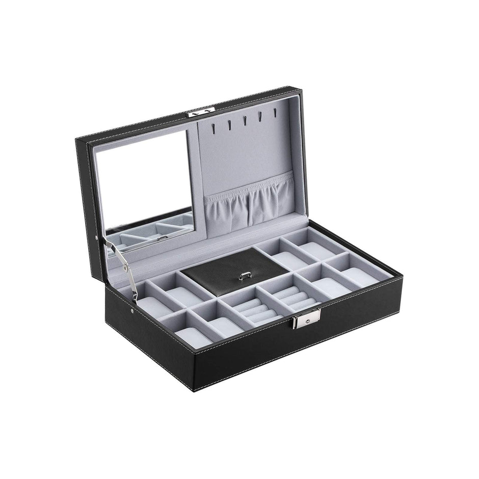 Watch Storage Box – Wood – Black – Lockable with Mirror and Cufflink Compartment for 8 Watches